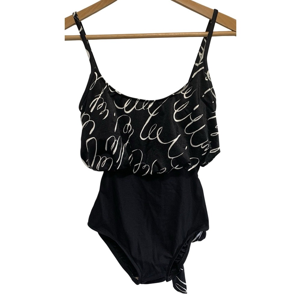 VTG 90s Robby Len One Piece Swimsuit Women 10 Black White Abstract Ruffle USA